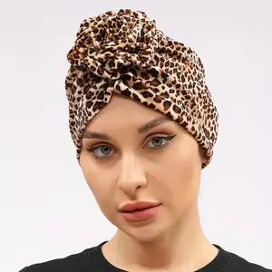 Women's Polyester Leopard Print Turban Hat with Floral Accent - Breathable Elastic Stretch Chemo Hat, 1-Size Daily Casual Head Wrap (Polyester Fashion Accessory)