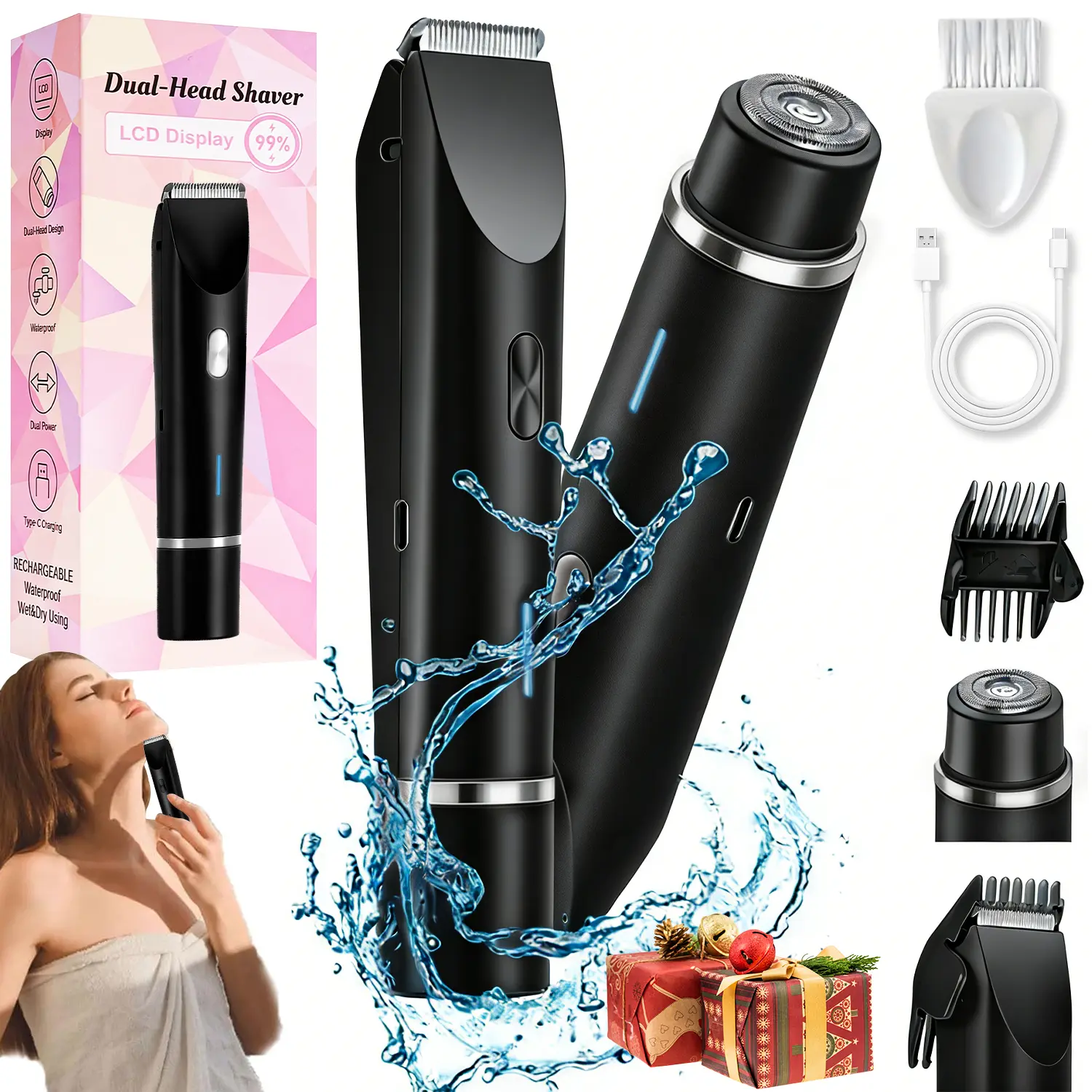 Women's 2-in-1 Smooth Electric Shaver & Removable Bikini Trimmer - Painless Ceramic Blade, 10000RPM, IPX7 Waterproof, Rechargeable Travel Shaver, Gift Pouch Included, for Full Body Hair Removal, Beauty Products, Titanium Self Care Tool, Facial, Daily, Sil