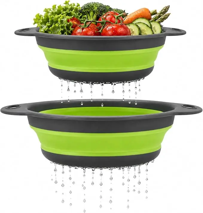 1 piece of foldable silicone filter basket with handle, foldable food strainer above the sink, vegetable, fruit, pasta, kitchen and camping use BPA-free space-saving drainage basket (green) sieve