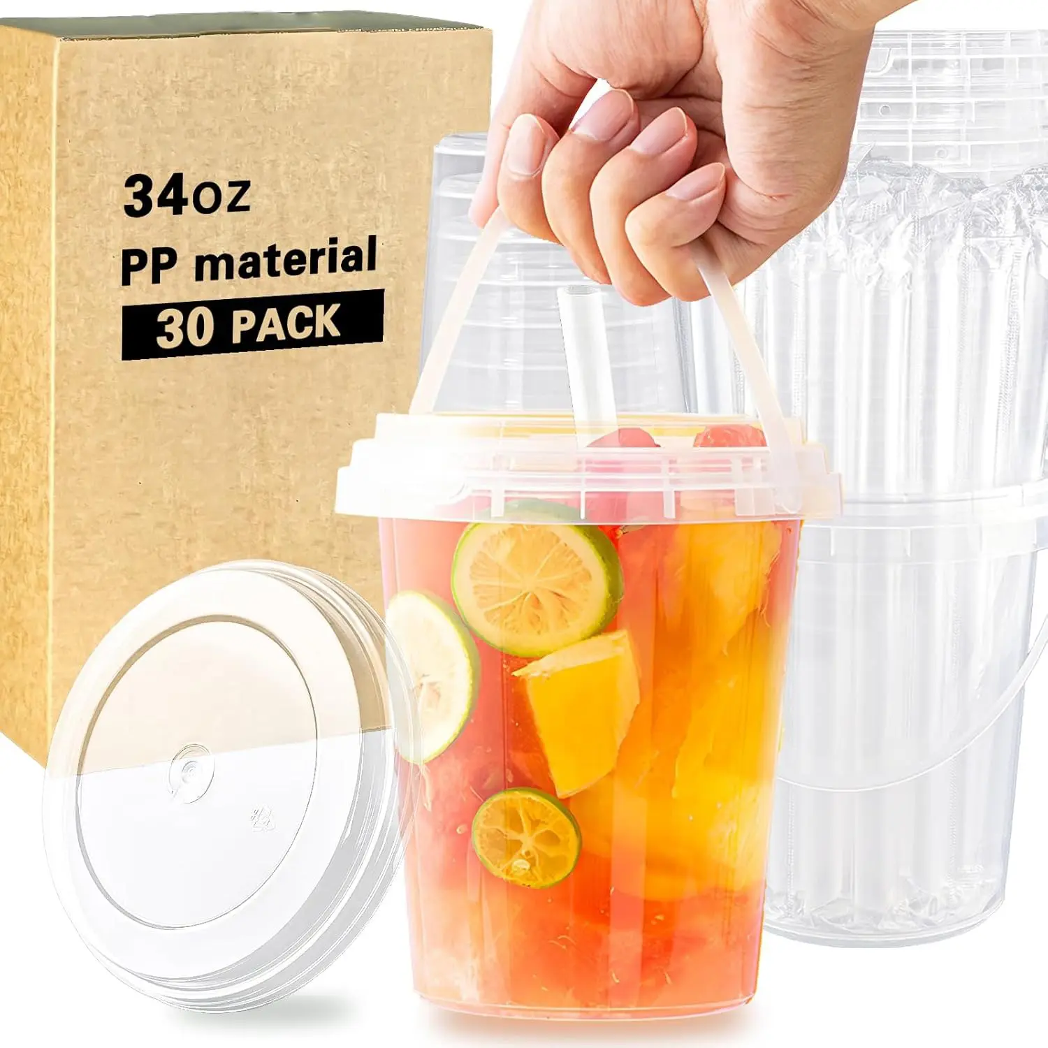 (15-30 Sets, 34 oz)High Quality Plastic Disposable Cups  - Leak-Proof, Food-Safe, Reusable Clear Cups with Lid and Straw, Festival Party Supplies for Iced Coffee, Pool Parties