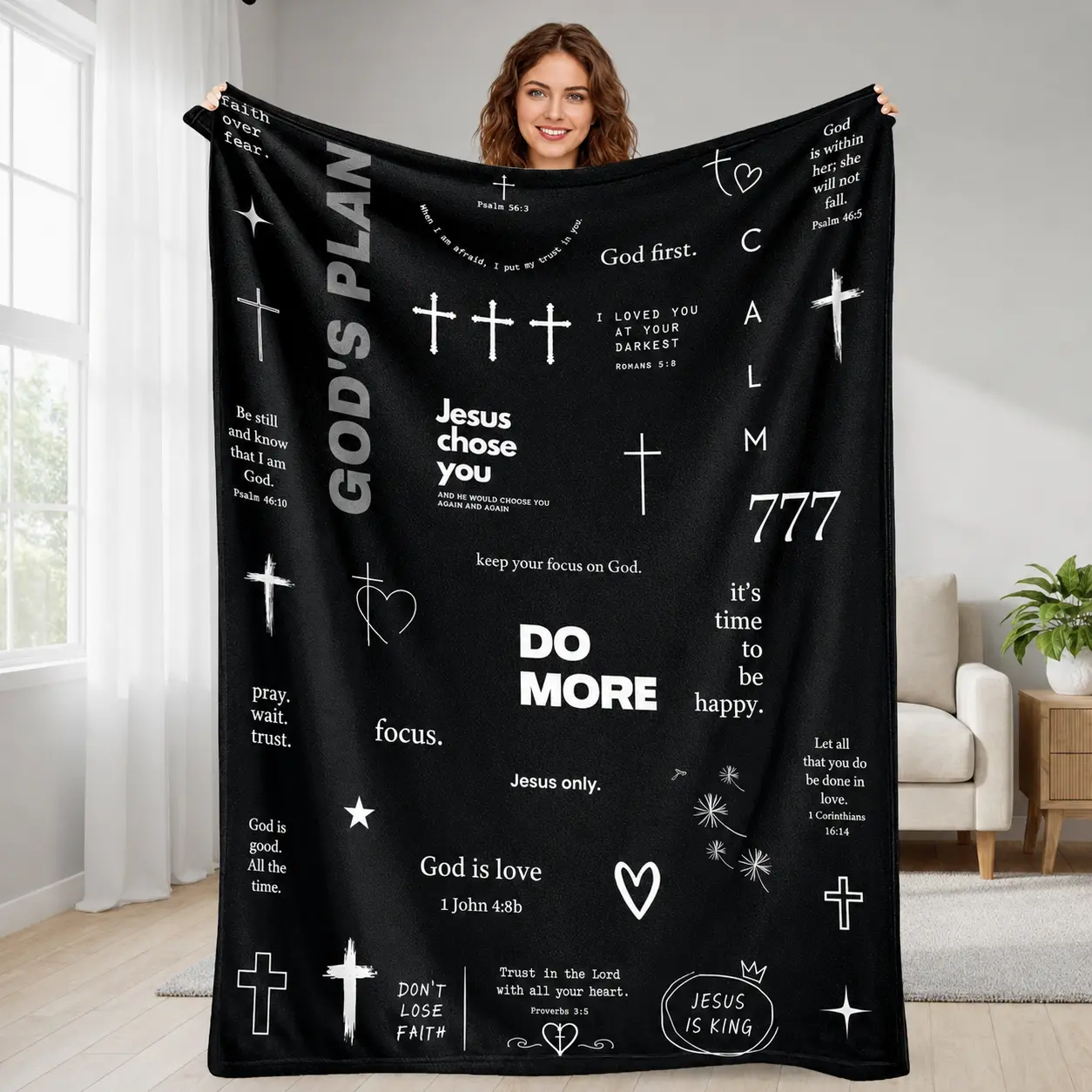 Flannel Fabric Religious Throw Blanket, Black Aesthetic Cross Motifs, Soft Lightweight Warm Breathable, Multi-Size for Christian Faith, Home & Church Living Room Decor Bedding Gift