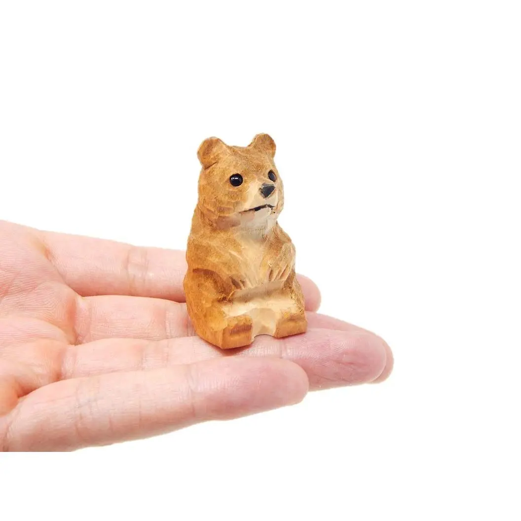 Brown Bear Handmade Wood Figurine Carved Sculpture Home Decor Miniature Grizzly Animal Art Statue Collectible
