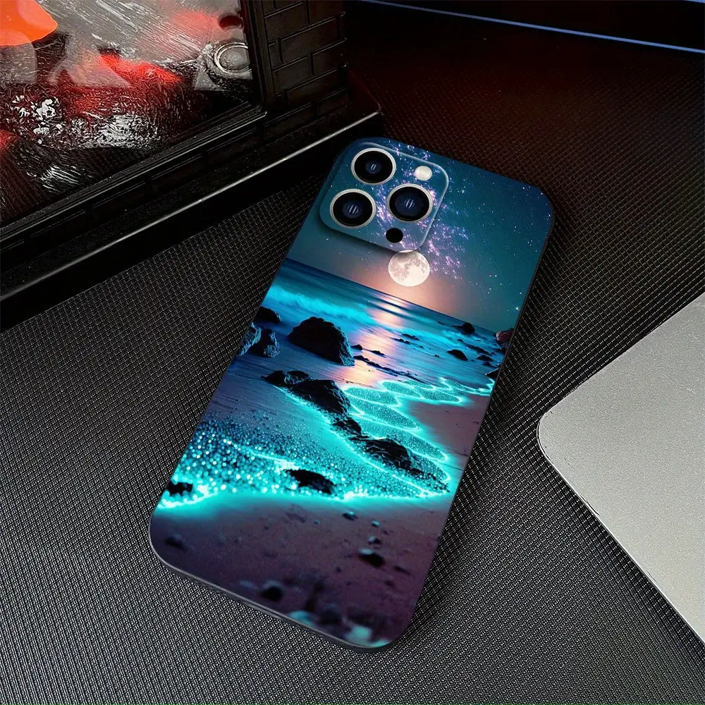 Straight edge, moonlight fluorescent ocean design phone case, suitable for iPhone 17/16/15/14/13/12/11 Plus/Pro/ProMax - Creative, fashionable, simple design, personalized, full protection, anti-drop case