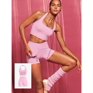 GLOWMODE FeatherFit-Sculpt Super Set Adjustable Halter Sports Tank Top & 4.3" Y-Shaped Butt Crossover Waist Active Shorts Set Medium Impact Workout Jogging Gym Training