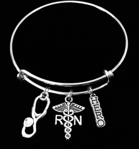 RN Nurse Bracelet with Stethoscope and Caduceus Charms, Adjustable Silver Bangle Gift for Nurses