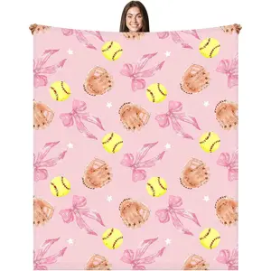 TikTok Viral Pink Softball Bow Blanket, Cozy Sports Throw for Teen Girls