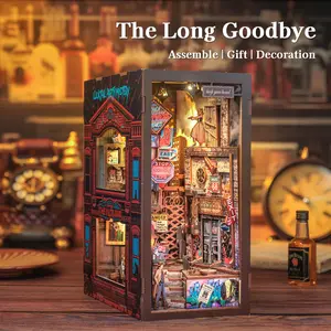【THE LONG GOODBYE】CUTEBEE DIY Book Nook Kit with Dust Cover and LED Light, Wooden Miniature House Kit Bookshelf Insert Booknook Bookend Stand Bookcase Model Build Creativity Kit Decor Alley