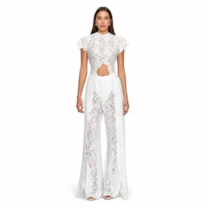 2-Piece Boho Lace Set Sexy Halter Crop Top with Bell Sleeves & High-Waisted Wide-Leg Pants Trendy Eyelash Lace Outfit for Summer Festival & Beach Vacation