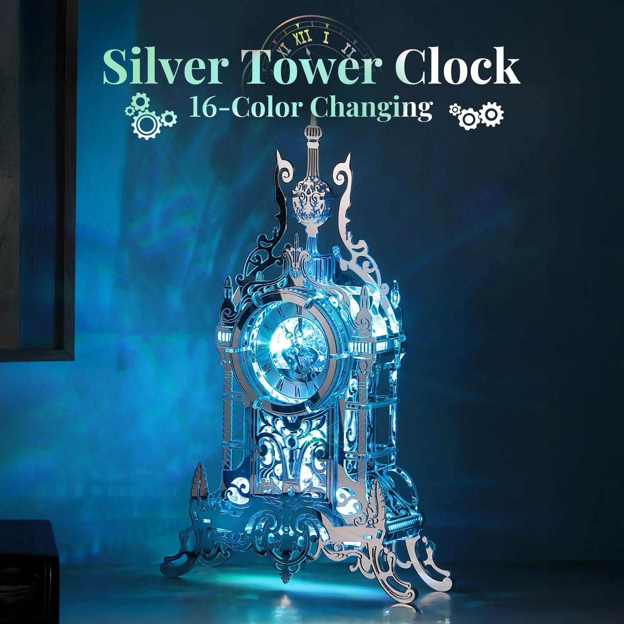 FUNPOLA 3D Acrylic Puzzle Silver Tower Clock with Color-Changing LED Lights — Elegant Home Desk Decor, DIY Building Model Kit, Gift for Adults