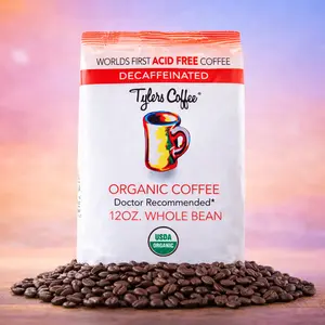 Tyler's Coffee Organic Decaf Whole Bean 12oz Bag - World's First Acid-Free Coffee USDA Certified Natural & Flavorful