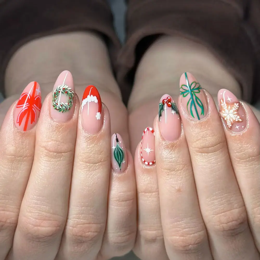 Christmas 24pcs Long Almond Press-On Nails, Gingerbread Man & Bow Design, Nail Designs, Glossy Acrylic False Nails for Women & Girls, Nails Press Ons