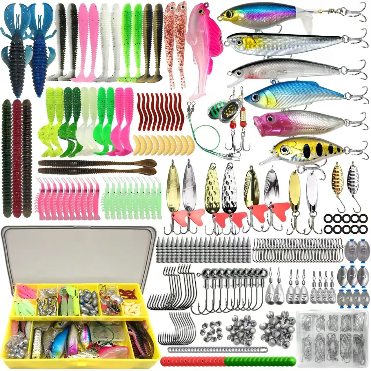 Complete Fishing Bait Set, Includes Realistic Soft Lures, Curved Hooks, Rotating Baits, Treble Hooks, Plastic Worms, Lead Hooks, Fishhooks, Lifelike Crayfish Lures, Fishing Tackle Kit