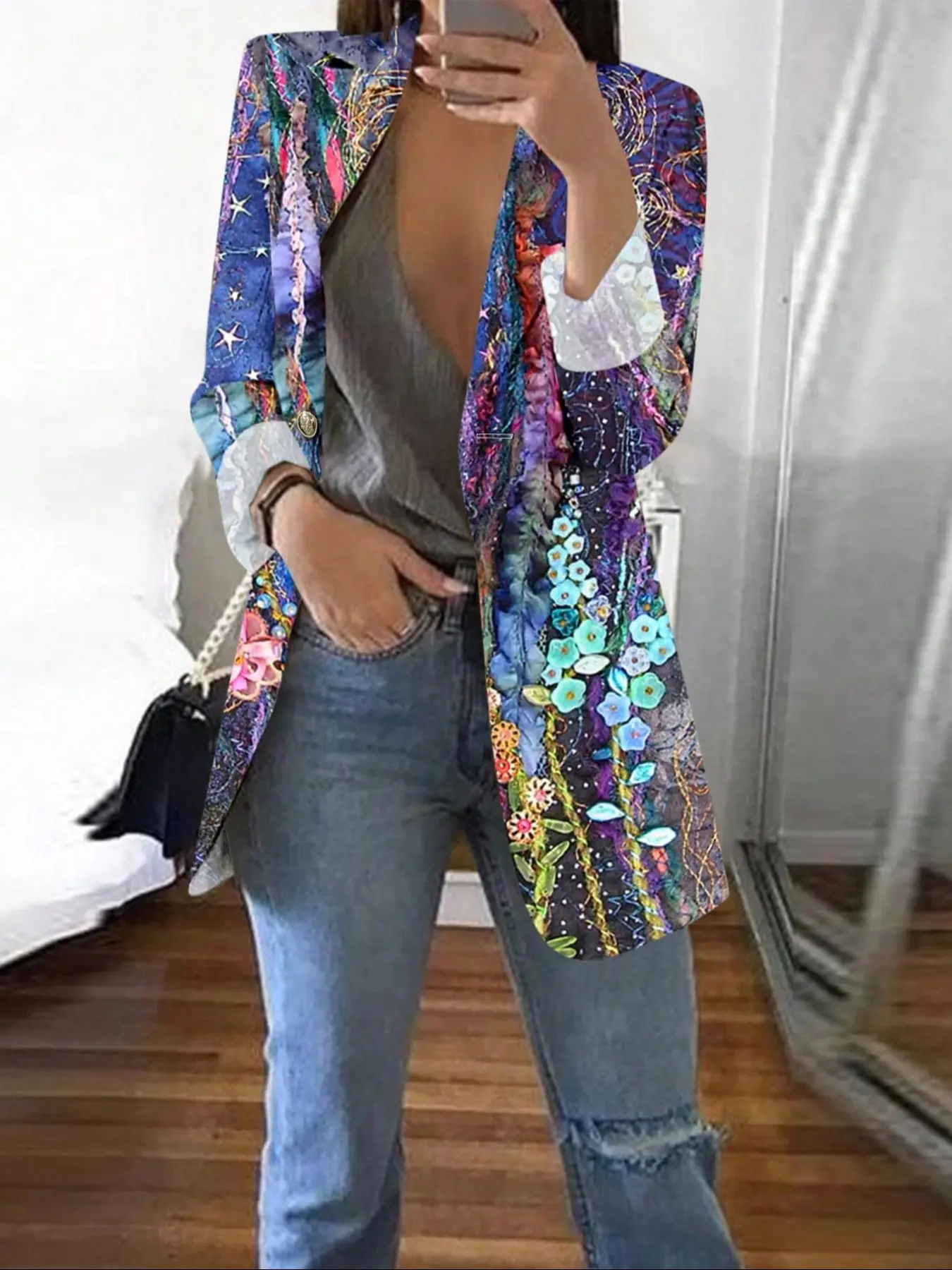 Women's Fashion Elegant Colorful Floral Full Print Long Sleeve Fitted Blazer Jacket, Stylish Office Wear, Business Attire Clothes, Perfect for Business & Casual Occasions, Womenswear Piece