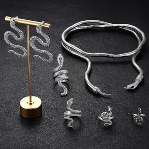FIBO STEEL 7Pcs Snake Jewelry Set for Women Dangle Earrings Silverly Snake Earrings Knuckle Rings Adjustable Necklace Halloween Bride Jewelry Gift