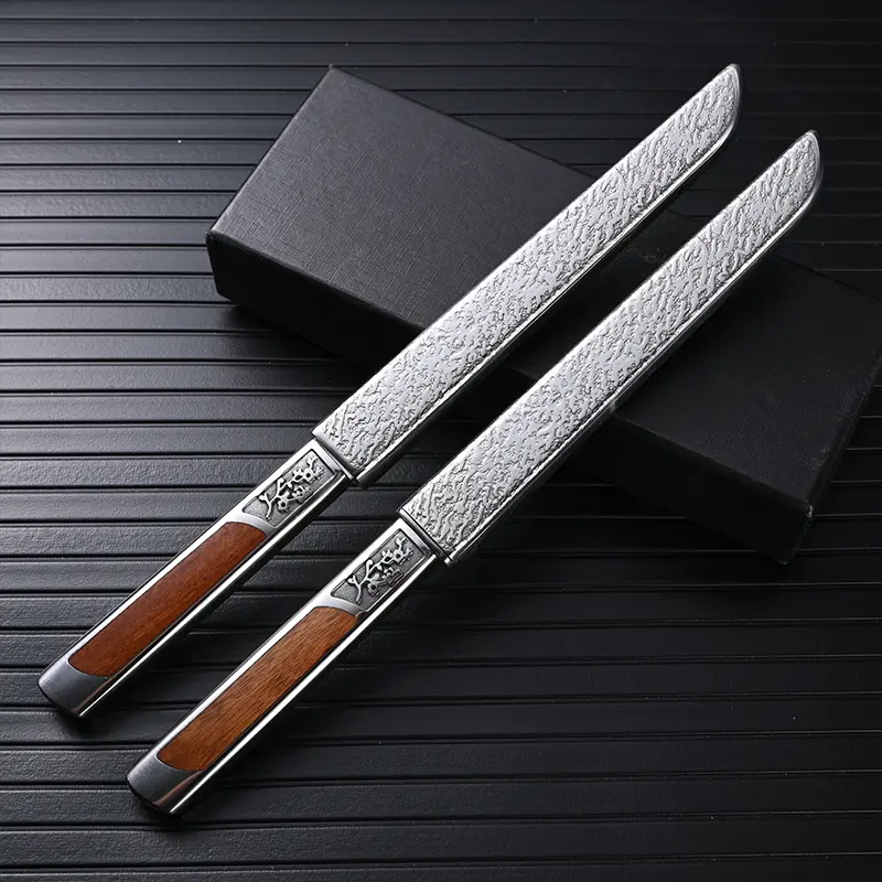 Retro Wooden Inlay Compact Portable Slicing Knives with Decorative Storage Sheath, Ideal for Camping