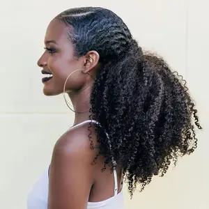 Megeen Mogolian Afro Kinky Curly Drawstring Ponytail Human Hair Extensions 4B 4C Kinky Curly Ponytail Extensions 10-24 Inches Natural Black Color for Women