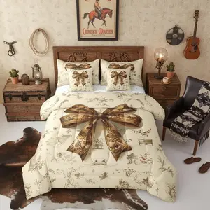 Feelyou 7-Piece Reversible Brown Bowknot Bedding Set - Boho, Coquette Western Cowboy Hippie Pastoral Style, Breathable Fitted Microfiber Decorative Comforter Bed Bag Set, Boho Bed Set, Decorative Bedding Set