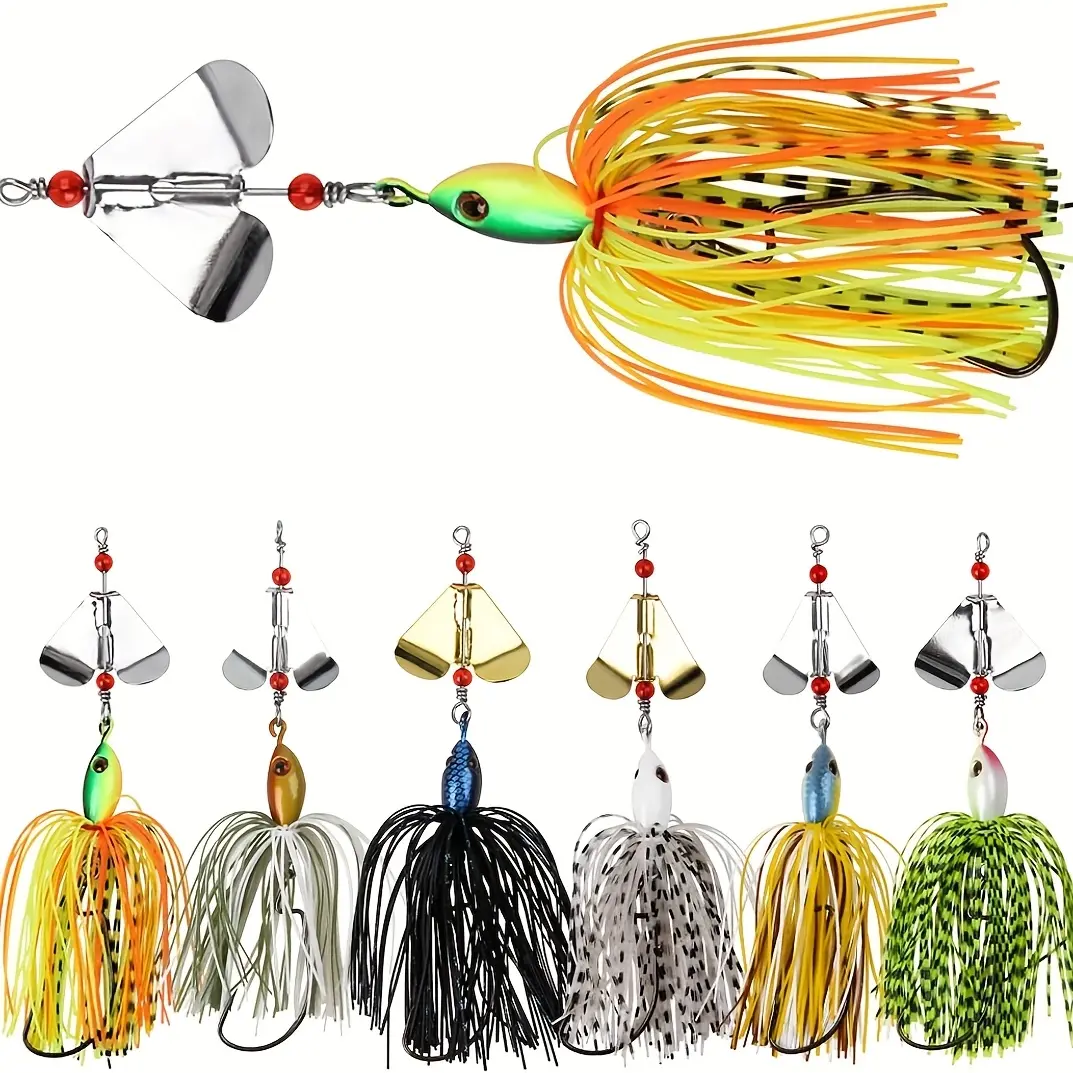 6-Pieces Professional Spinnerbait Set - Artificial Fishing Lures with Dual Willow/Colorado Vibrating Blades, All-Water Spin Fishing Gear Supplies for Bass