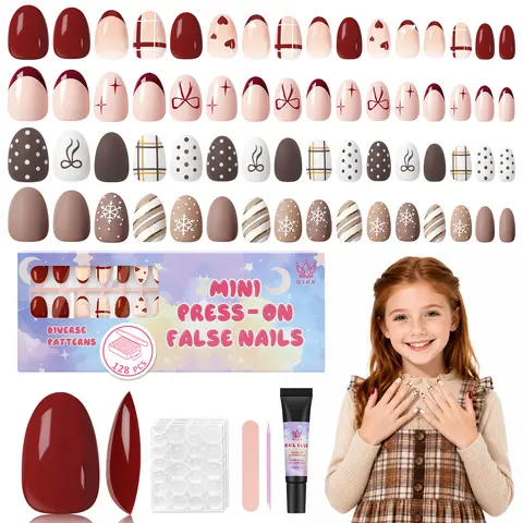 Qiek Kids Press on Nails, 16 Sizes 128PCS Spiderweb Caramel Polka Dot Plaid French Almond False Nails, with Jelly Adhesives & No UV Glue, Nail Care Selfcare Gift, Fall & Winter Gifts for Girls 8-12 Birthday