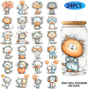 UV DTF Transfer Stickers - 24 Pieces/Set, Whimsical Cat Valentine's Day-Themed UV DTF 16Oz DIY Transfer Stickers Suitable For 16-Ounce Water Bottles, Glass Bottles, Laptops, Home Decor DIY, High-Viscosity Transfer Paper, Decal Sticker, Adhesive Stickers