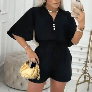 ChicMe Women's 2 Pieces V Neck Button Decor Bell Sleeve Top and Casual Drawstring Stechy Waist Shorts Set