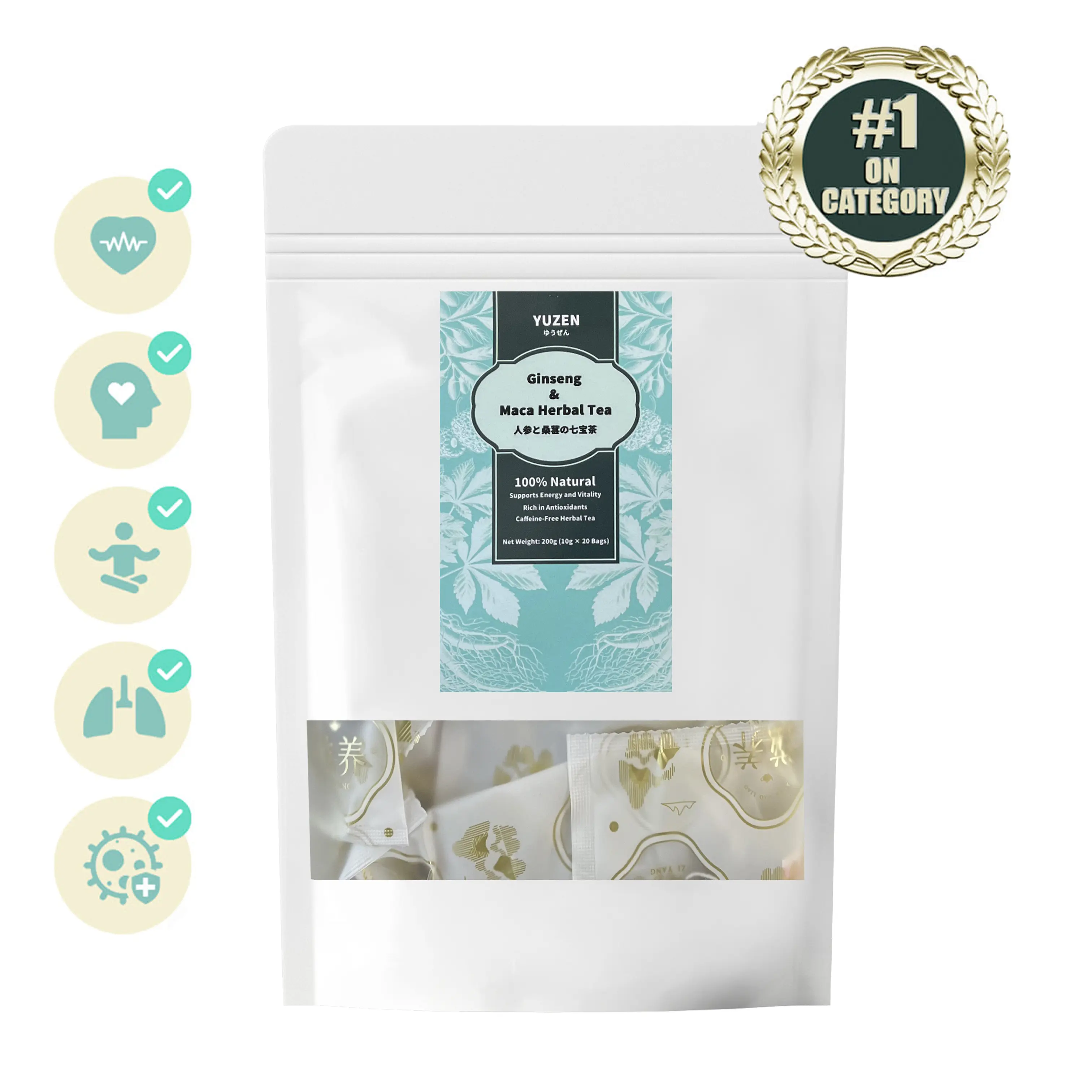 Ginseng & Maca Herbal Tea Bags, Kidneys & Liver Every Day Detox Health Tea, Caffeine Free，100% NaturaI & No Preservatives