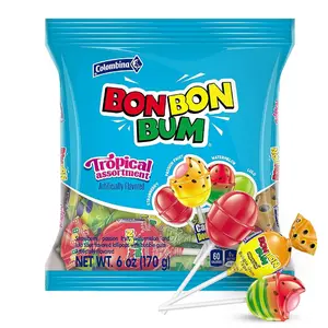Colombina BonBonBum Tropical Assorted Individually Wrapped Lollipops With Bubble Gum Center 10 Pack