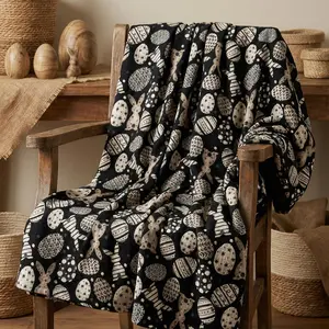 Easter Flannel Blanket Throw, Black Easter Eggs Plaid Bunny Rabbit Wave Point Soft Fuzzy Plush Cozy Fleece Blankets for Couch Sofa Bed Lounging, Ideal Gifts for Kids Adults Self