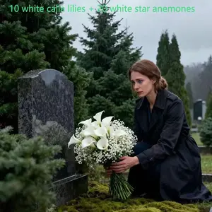 30 realistic cemetery bouquets, exquisite white calla lilies and asters combination, suitable for elegant memorial floral arrangements in funeral venues or outdoors, cemetery decoration, outdoor memorial decoration, event decoration, funeral planning for