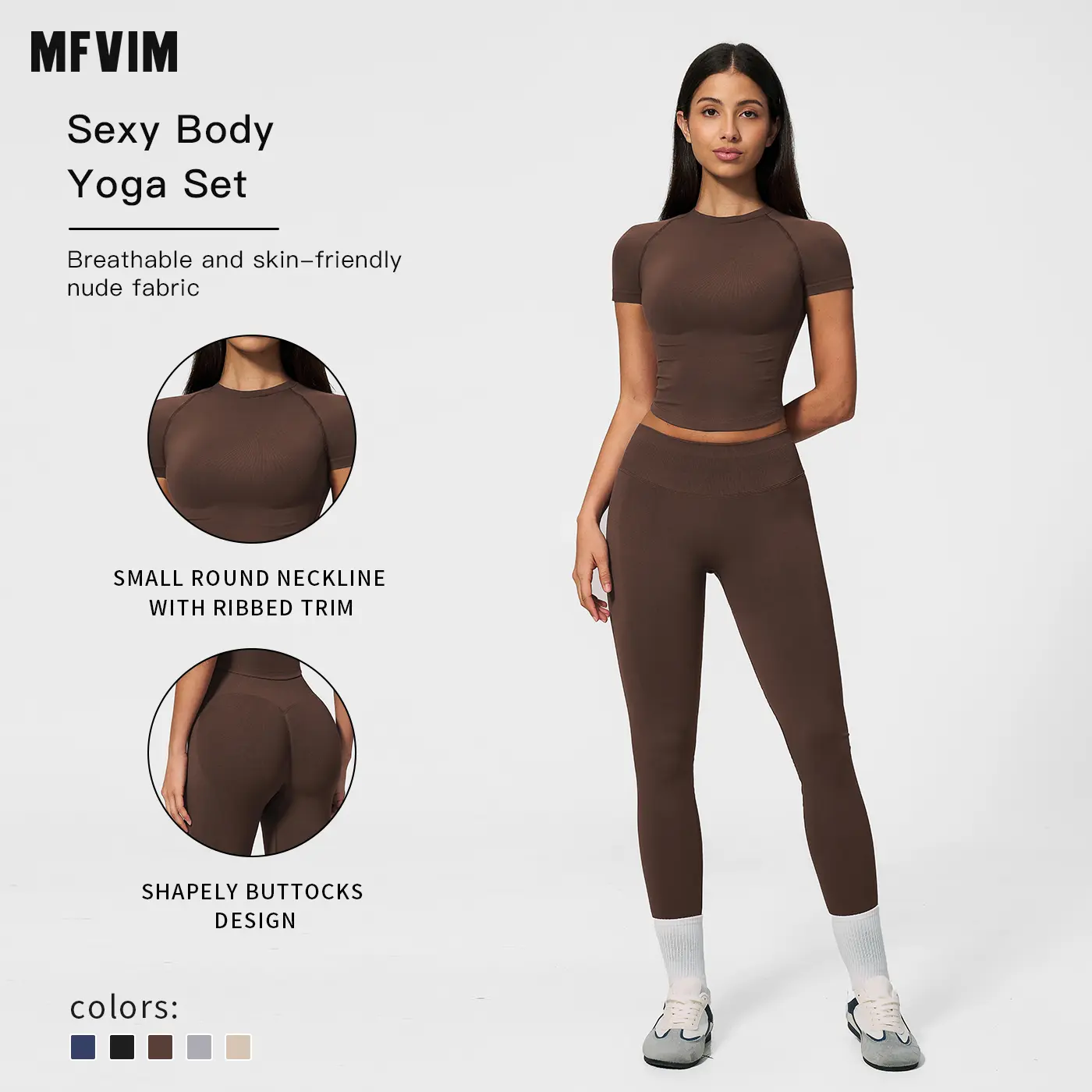 MFVIM Women’s Ribbed Crew Neck Short Sleeve Yoga Set — High-Waisted Butt-Lifting Full-Length Compression Yoga Pants, Second-Skin Slim Fit Fitness Two-Piece Set