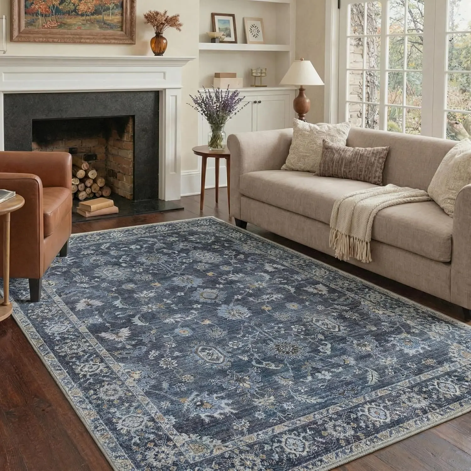 【Back To School】GENIMO Area Rugs for Living Room, Machine Washable Non Slip Vintage Rugs, Low Pile Lightweight Chenille Print Rug for Bedroom, Dining Room, Home Office, Distressed Navy Blue