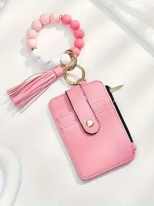 European-American PU Leather Zipper ID Card Holder Keychain Silicone Bead Bracelet, Folded Edge Credit Card Wallet, Women's Holiday Gift