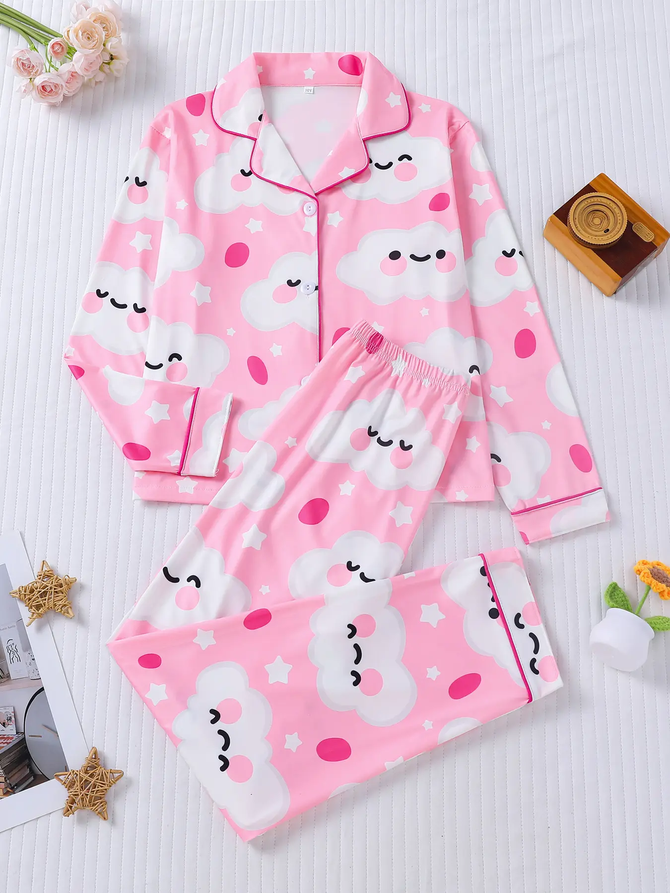 2-piece set of Cute cartoon sleeping clouds, white stars, Halloween long sleeved pants, soft and comfortable, button closed elastic waistband, suitable for all seasons home, casual Pajama sleepwear, regular wear