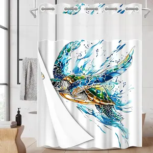 1PC 2D Flat Stained Glass Sea Turtle Wave Shower Curtain, Blue Green Turtle Splash Design, Waterproof & Detachable Liner, Bathroom Curtain (No Hooks)