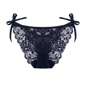 Luna Tie Thong - Soft Intricate Lace with Adjustable Silk Ribbon Ties for Customizable Fit and Elegant Luxurious Touch Seamless Breathable Wavy Bikini Panties
