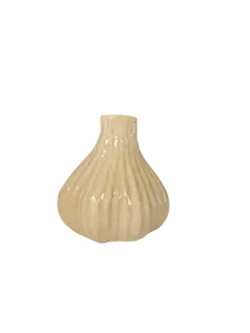 Cream Ribbed Ceramic Bud Vase (Tilted Neck). 4"x4" Decor Minimalist