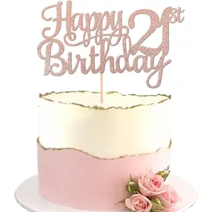 1PC Glitter Happy 21st Birthday Cake Topper Number 21 Cheers to 21 Years Cake Pick for 21st Birthday Theme Party Decorations Supplies Rose Gold