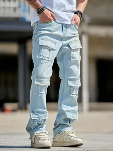 SRETOUU Street Style Men's Heavy Distressed Patchwork Cargo Baggy Jeans Vintage Light Wash Streetwear Men Denim Pants Straight Menswear Classic