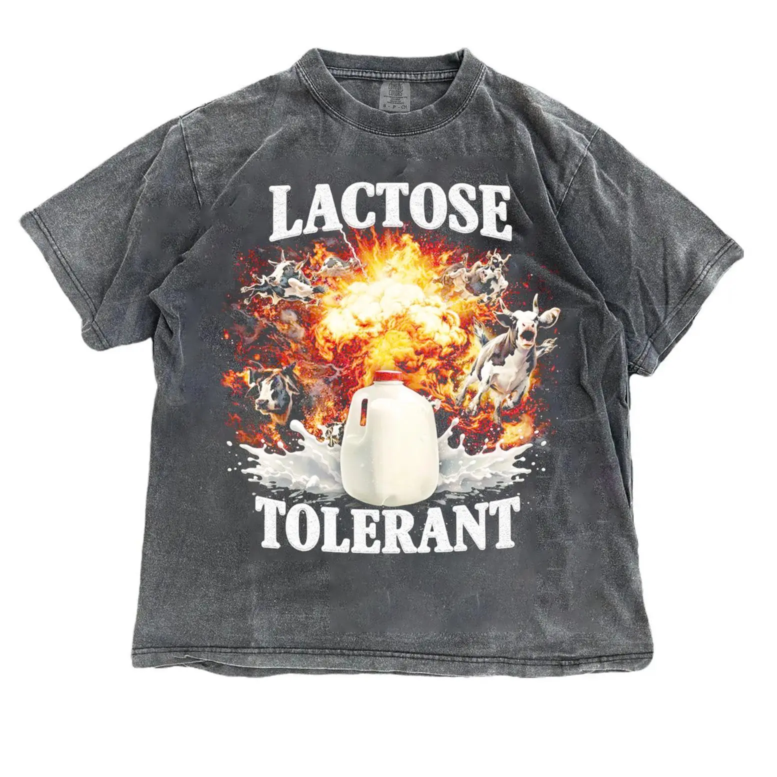 Lactose Tolerant Shirt, Funny Milk Meme Graphic Tee, Vintage Washed Oversized T-Shirt, Viral TikTok Humor Tee, Unisex Streetwear  Cotton