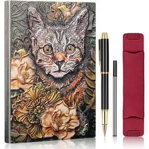 Embossed Leather Notebook A5 Travel Journal with Ballpoint Pen and Pen Refill,Pen Sleeve,Antique  Daily Notepad Hardcover Writing Notebook  ()
