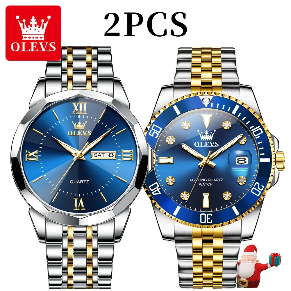 Olevs Men's Watch with Date, Classic Luxury Big Face Men's Watch, Analog Quartz Men's Watch, Fashion Dress Stainless Steel Men's Watch, Glowing Romantic Christmas Gift, Luxury Watch Suit 2 Pieces