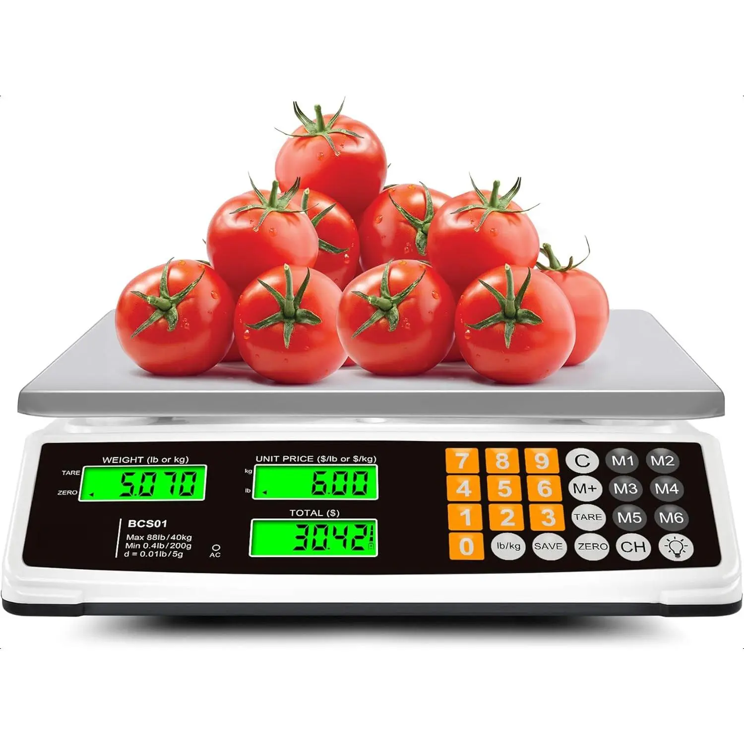 Price Computing Scale 88lb/40kg Commercial Food Scale for Produce Meat Weighing, LCD Display and Green Bright Backlight for Farmers Markets, Meat Shop, Deli