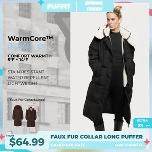 【Last Sale】PUFFIT WarmCore Premium Classic Hooded Long Puffer Coat Women Long Ladies Quilted Outerwear Jacket Big Pocket, Water Repellent  Winter Warm Basic Long Sleeve Tops Coat SpringStatements