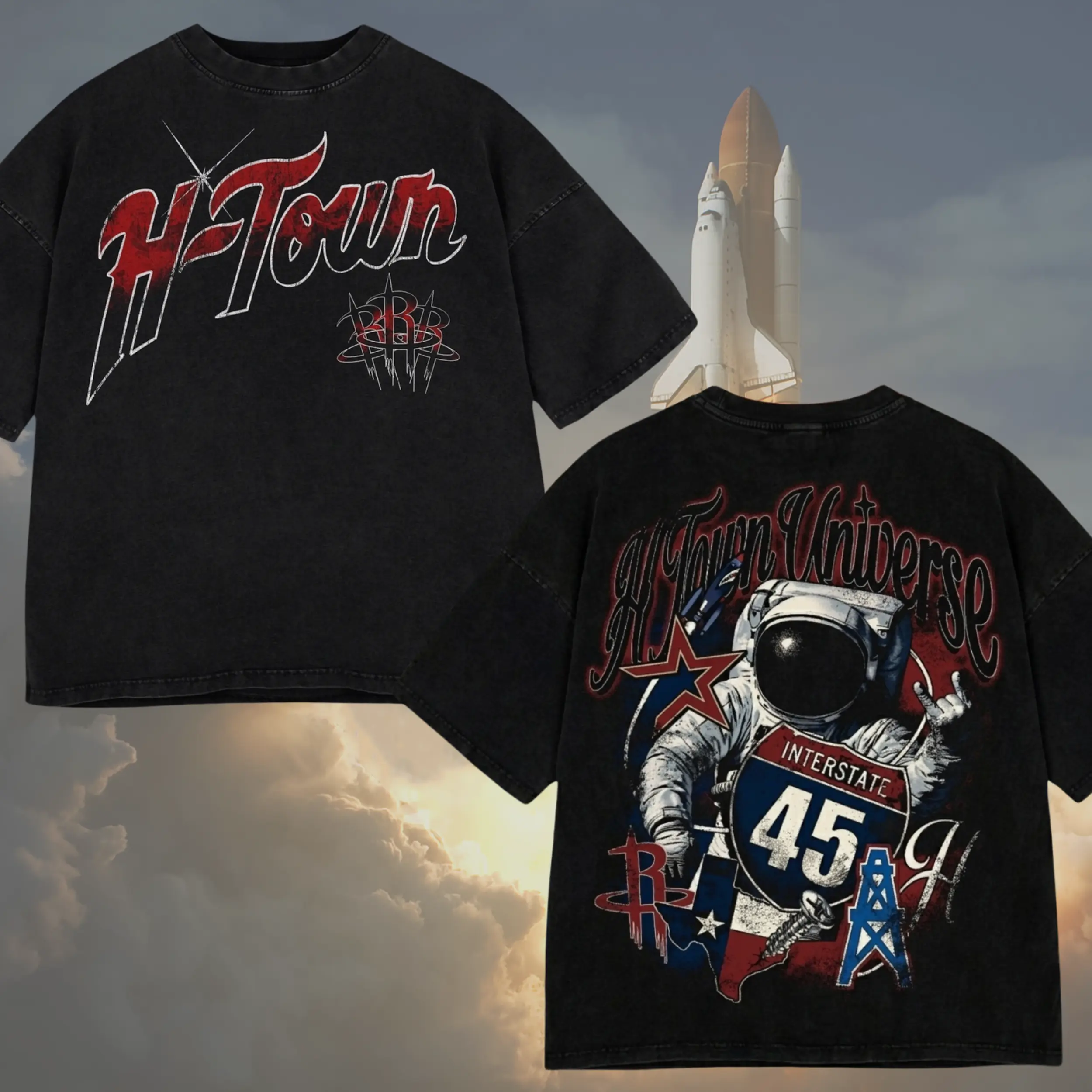 Vintage H-Town Universe Astronaut Tee, Houston Pride Streetwear, Space City H-Town Graphic Tee, Vintage Washed Style, Houston Astronaut Streetwear, 90s Bootleg Aesthetic Streetwear Soft