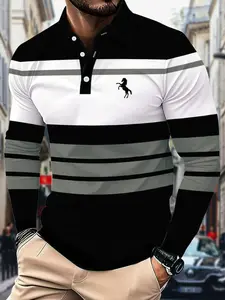 Men's Long Sleeve Polo Shirt, Formal & Casual Golf Business Leisure, Striped, Breathable Button Front, Classic
