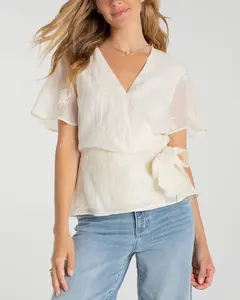 Short Sleeve Wrap Front Woven Top