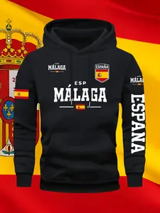 Men's Fall Winter Trendy Spain Malaga Print Hoodie, Casual Fitted Hooded Sweatshirt, Drawstring Pocket Design, Fashionable Men's Hoodie