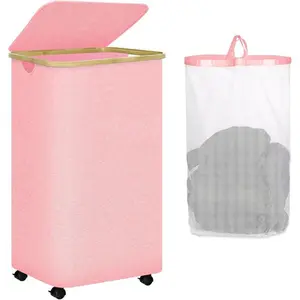 Pink Laundry Hamper with Wheels - 100L Large Laundry Hamper with Lid, Rolling Laundry Hamper on Wheels, Collapsible Laundry Hamper with Removable Mesh Bag and  Handles for Easy Carrying