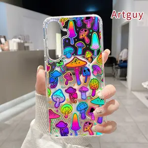 Neon Mushroom Fantasy Pattern Magnetic Phone Case for  Samsung Galaxy S26 Edge S23 Ultra S24 Plus FE S25 S22+ Anti-Yellowing Shockproof Lightweight Transparent Acrylic Large Hole Soft Cover Supports Wireless Charging