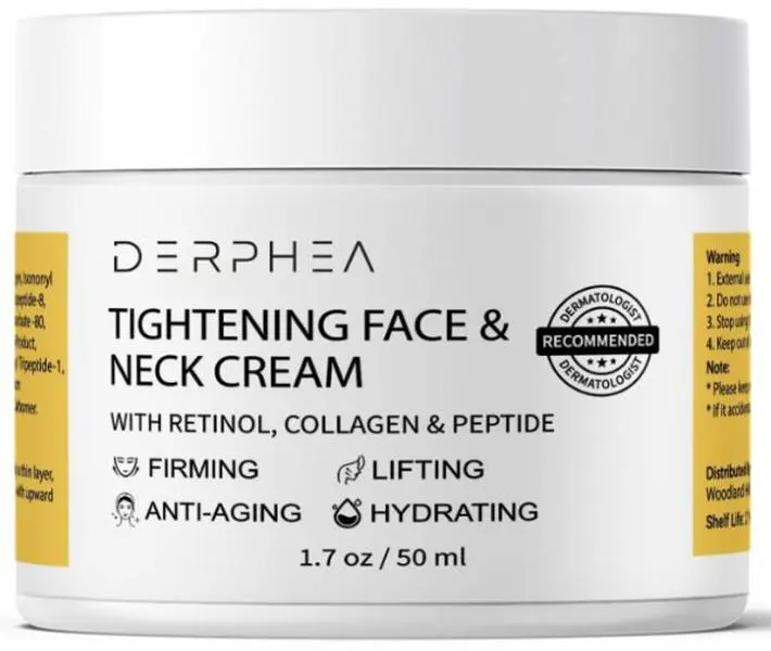 DERPHEA Neck Tightening Cream for Firming Lifting Fine Lines Loose Sagging Skin on Face Decollete 1.7 OZ Anti-Aging Hydrating with Retinol Collagen & Peptide
